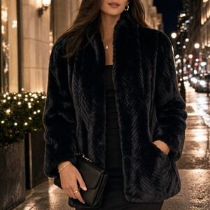 Jacques Faux Fur Coat Black Chevron Plush Luxe Soft Womens Medium USA Made Retro